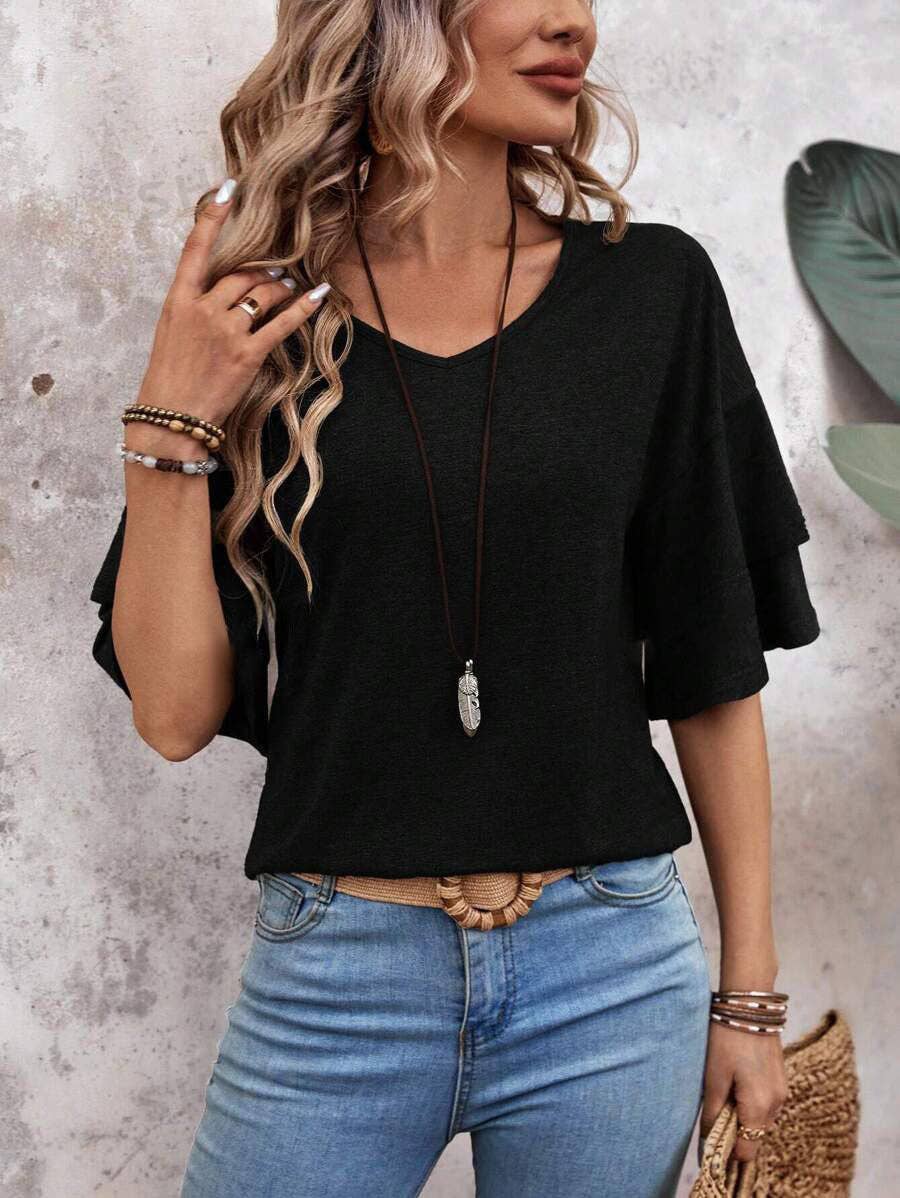 Ruffle Sleeve V Neck Loose Fit Women Summer Top