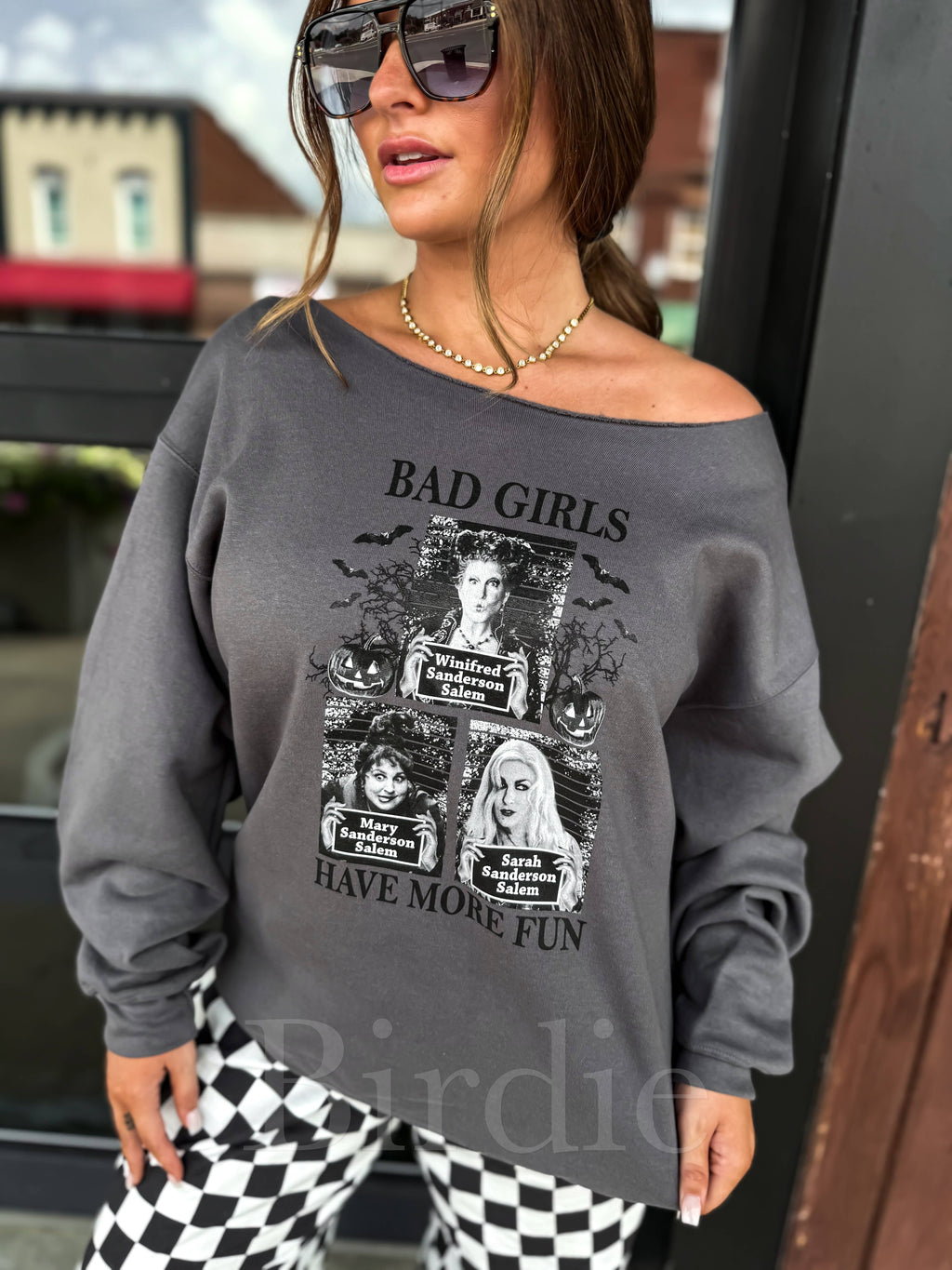 Bad Girls Have More Fun Off Shoulder Charcoal Graphic Crew