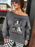 Bad Girls Have More Fun Off Shoulder Charcoal Graphic Crew