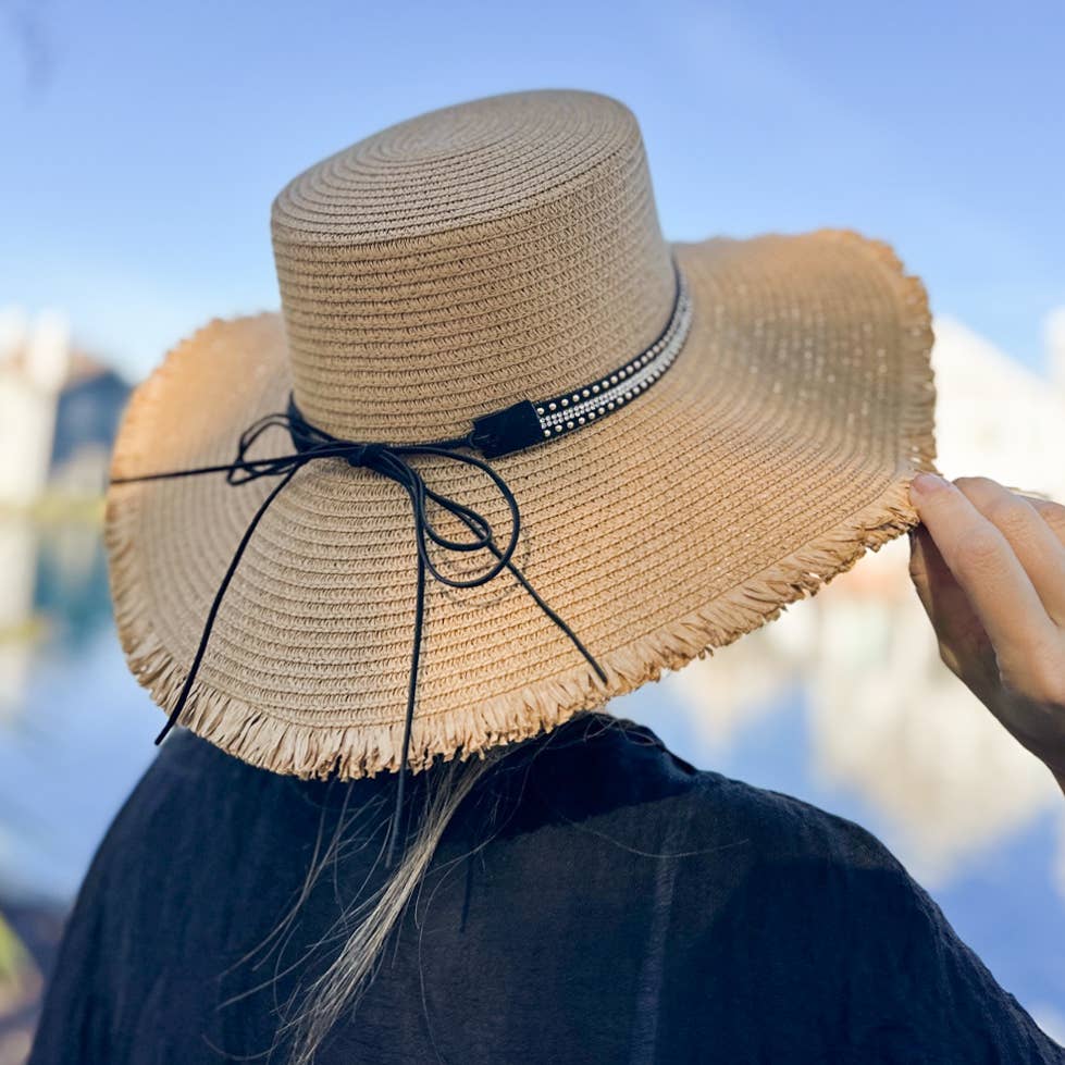 Crown Straw Floppy Hat Tan Frayed Brim with Rhinestone Band