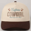 Beige and brown cap with 'Caffeine Cowgirl' text on a gray background