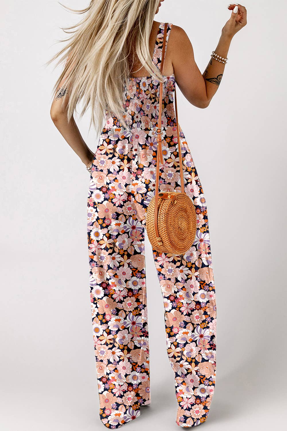 Spring Floral Print Smocked High Waist Square Neck Jumpsuit