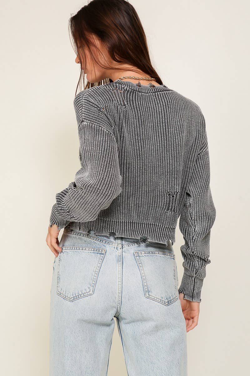 Cropped Mineral Wash Distressed Sweater