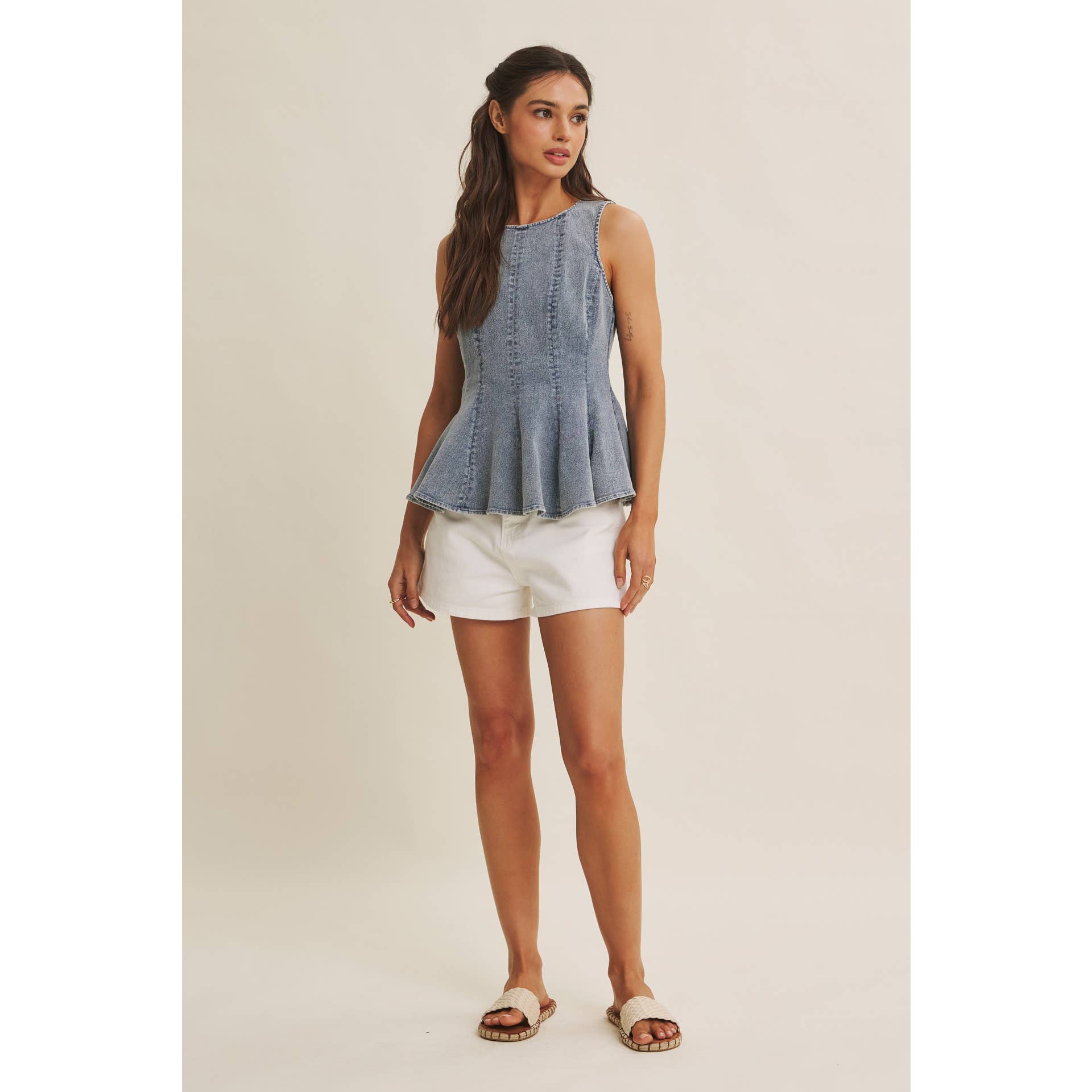SUNLIT COAST MINERAL-WASHED STRETCH DENIM PEPLUM TOP