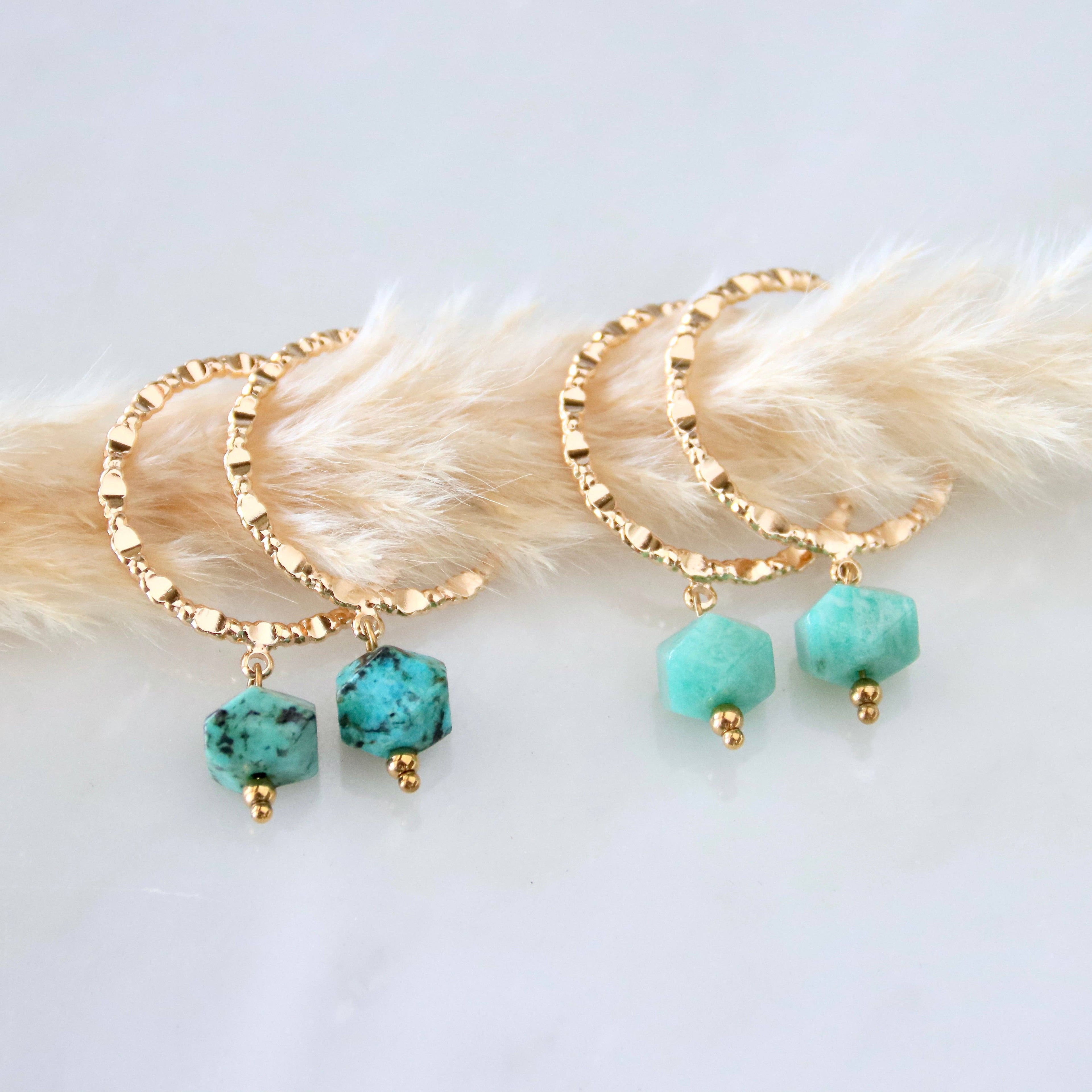 African Turquoise Textured Hoop Earrings