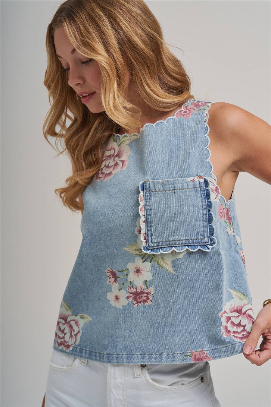 VINTAGE FLORAL DENIM TOP WITH SCALLOPED EDGE DETAIL