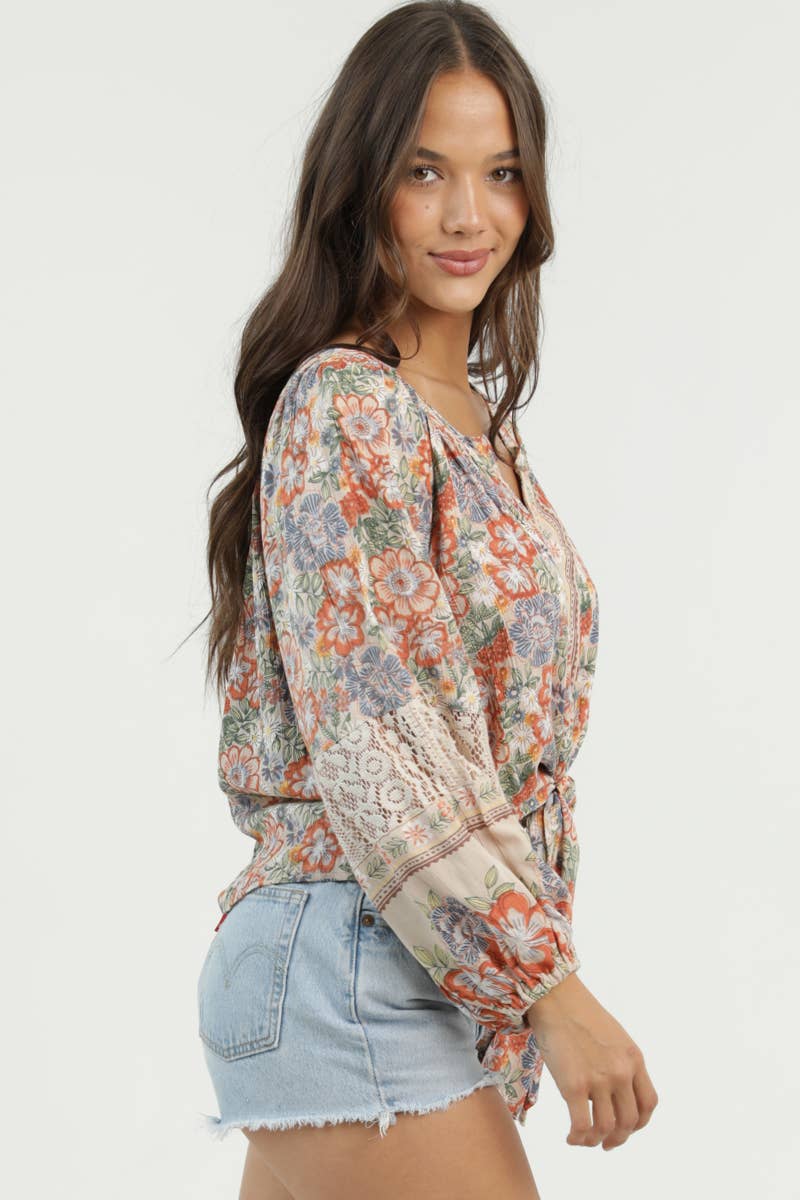 V NECK LACE SLEEVE DETAIL PRINTED TIE FRONT TOP