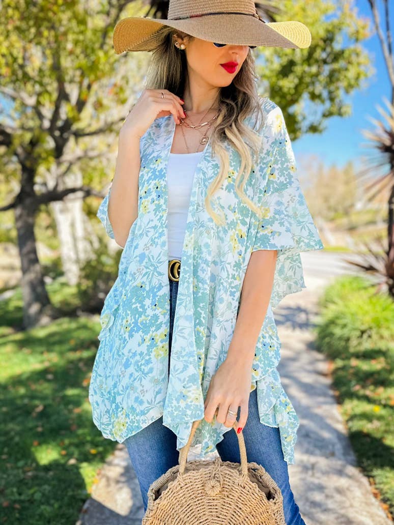 Sage Floral Printed Ruffle Sleeve Kimono Cover Up