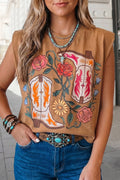 Western Floral Print Sleeveless Round Neck Top