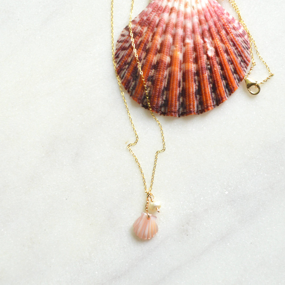 A delicate gold chain necklace with a small pink seashell pendant, styled with a larger orange and pink seashell on a light marble surface.