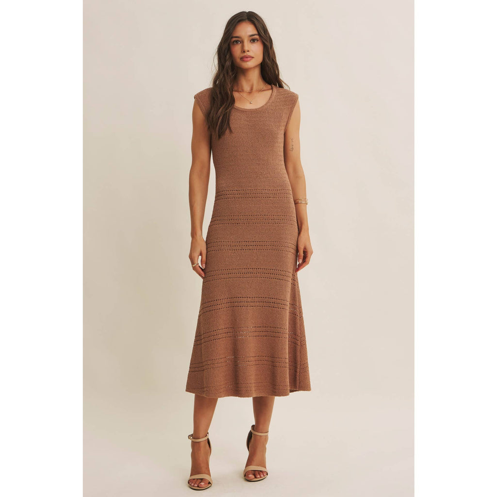 MINIMAL MUSE DROP SHOULDER FITTED TEXTURED KNIT MIDI DRESS