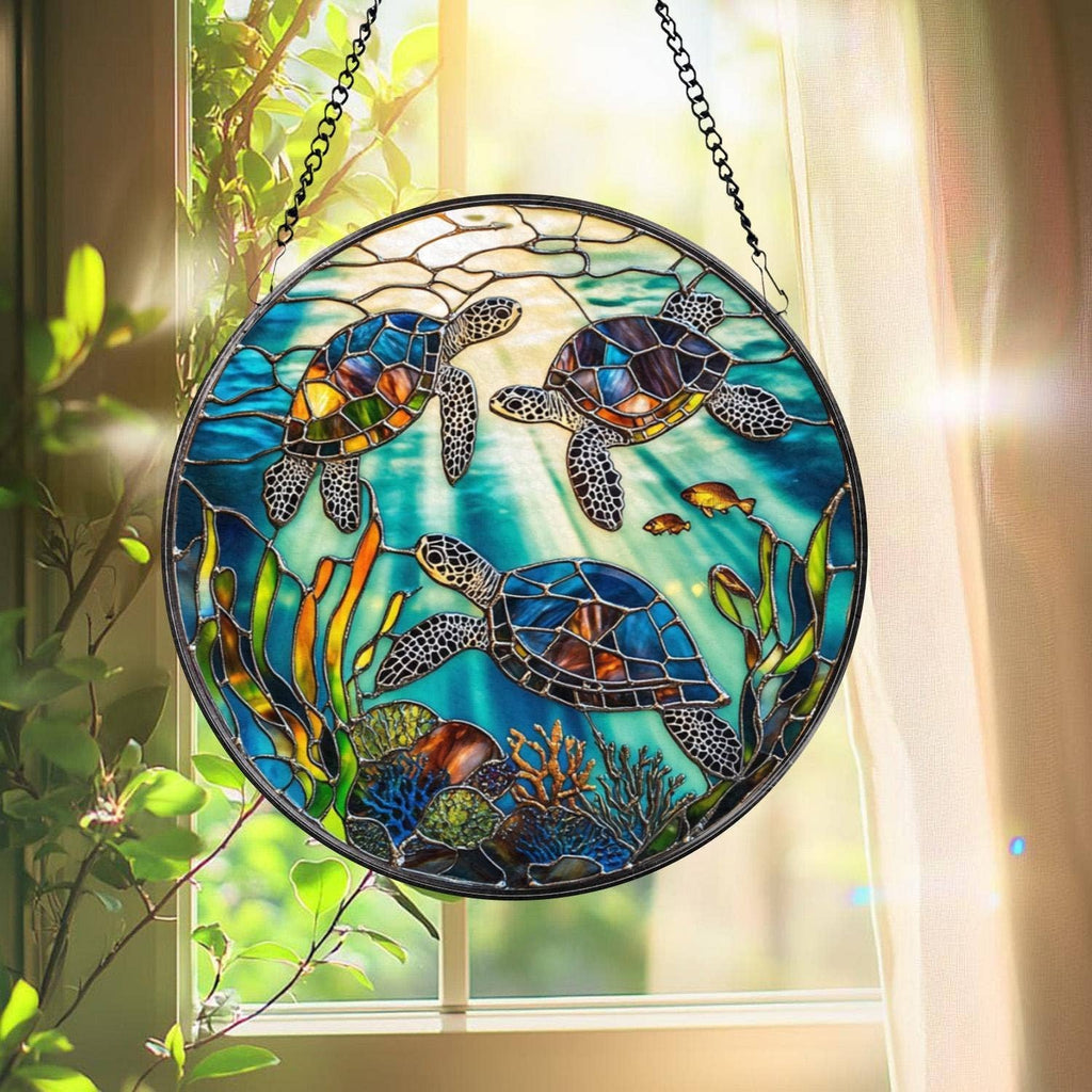 Sea Turtle Stained Glass Suncatcher, Ocean Window Hanging