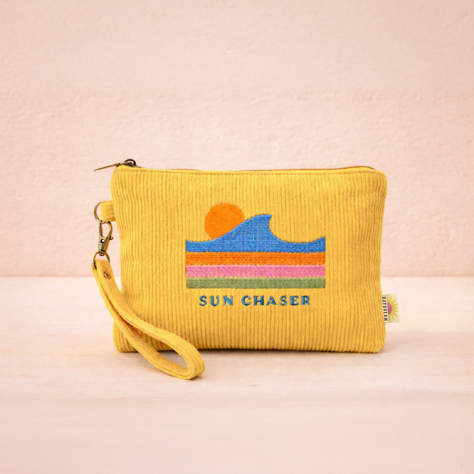 Corduroy wristlet 7" Zip pouch | Embroidered pouch | Summer