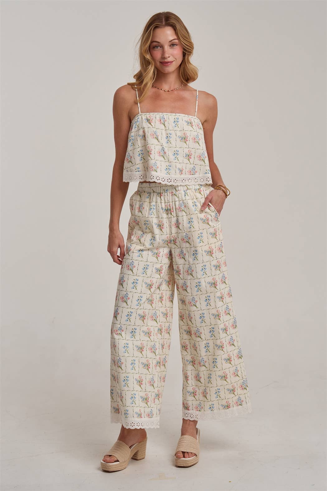 FLORAL CROPPED CAMI TOP AND WIDE LEG PANTS SUMMER SET