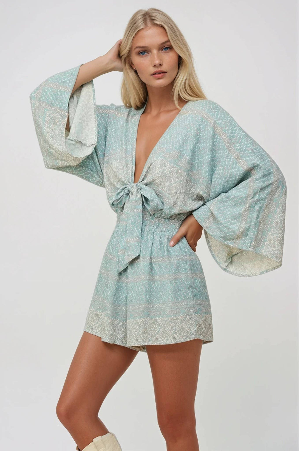 BATWING SLEEVED BOHO PAISLEY PRINT ROMPER 4411RM