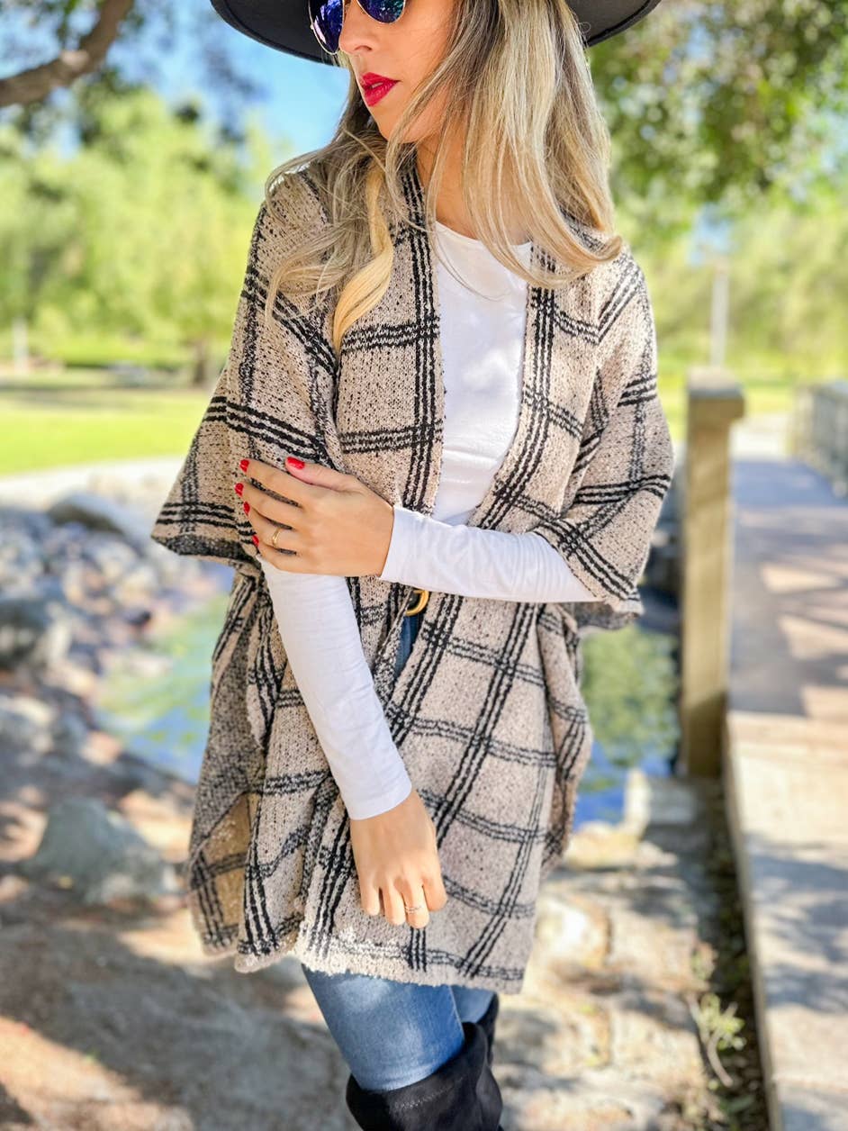 Chic Oatmeal Plaid Knitted Ruana Cardigan