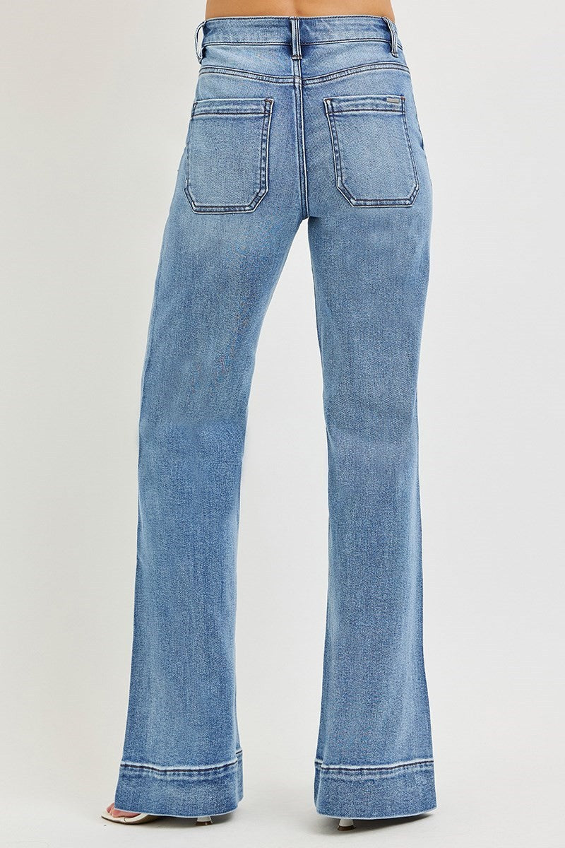 TUMMY CONTROL HI RISE WIDE LEG FLARE JEANS WITH WIDE HEM