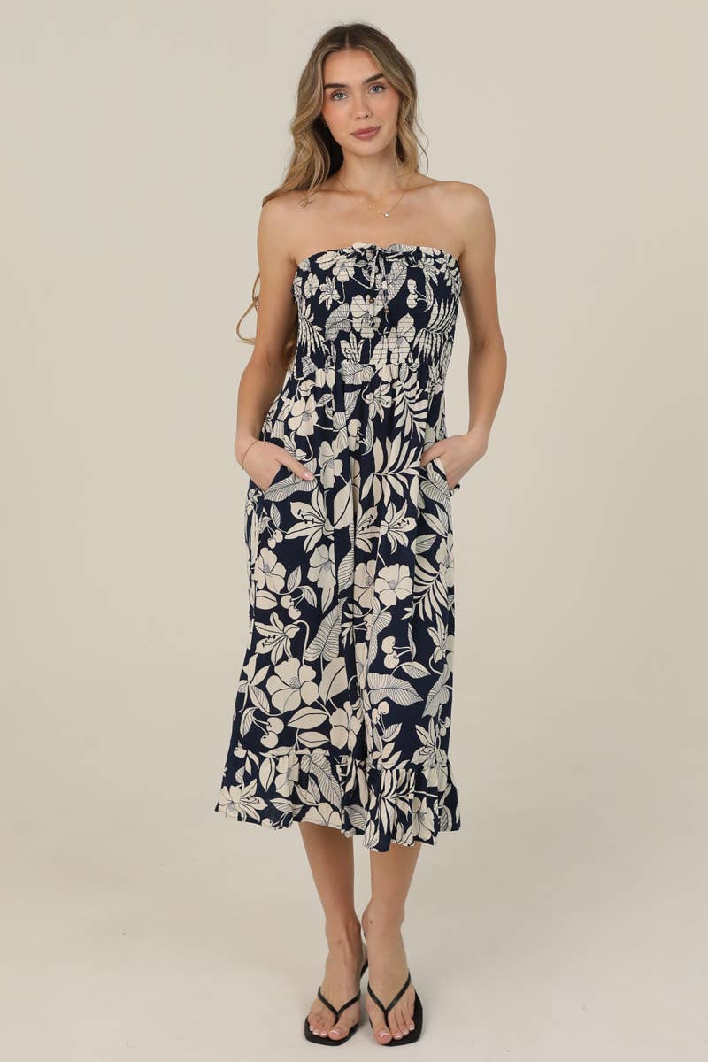 SMOCKED BODICE STRAPLESS MIDI DRESS W POCKETS