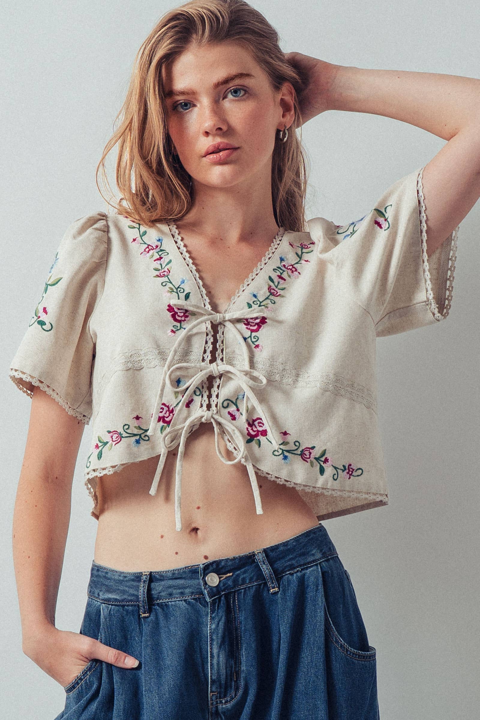 Embroidered Tie-Front Boho Crop Top