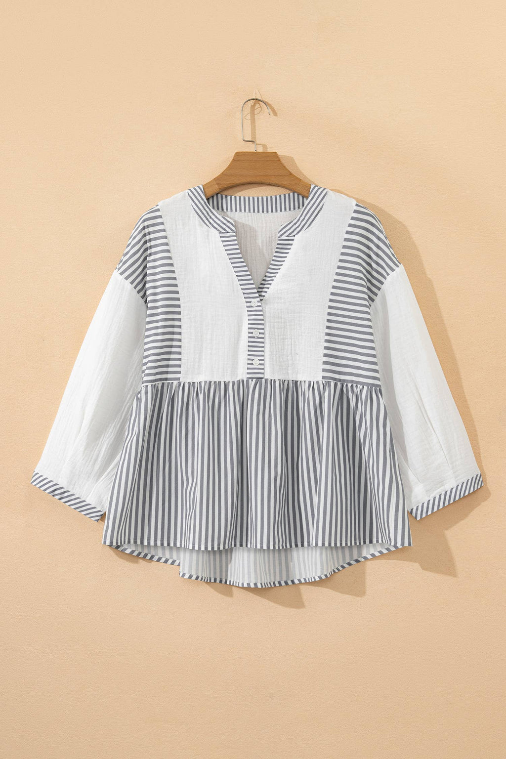 Stripe Button Gauze Bracelet Sleeve Babydoll Blouse (S-XL)