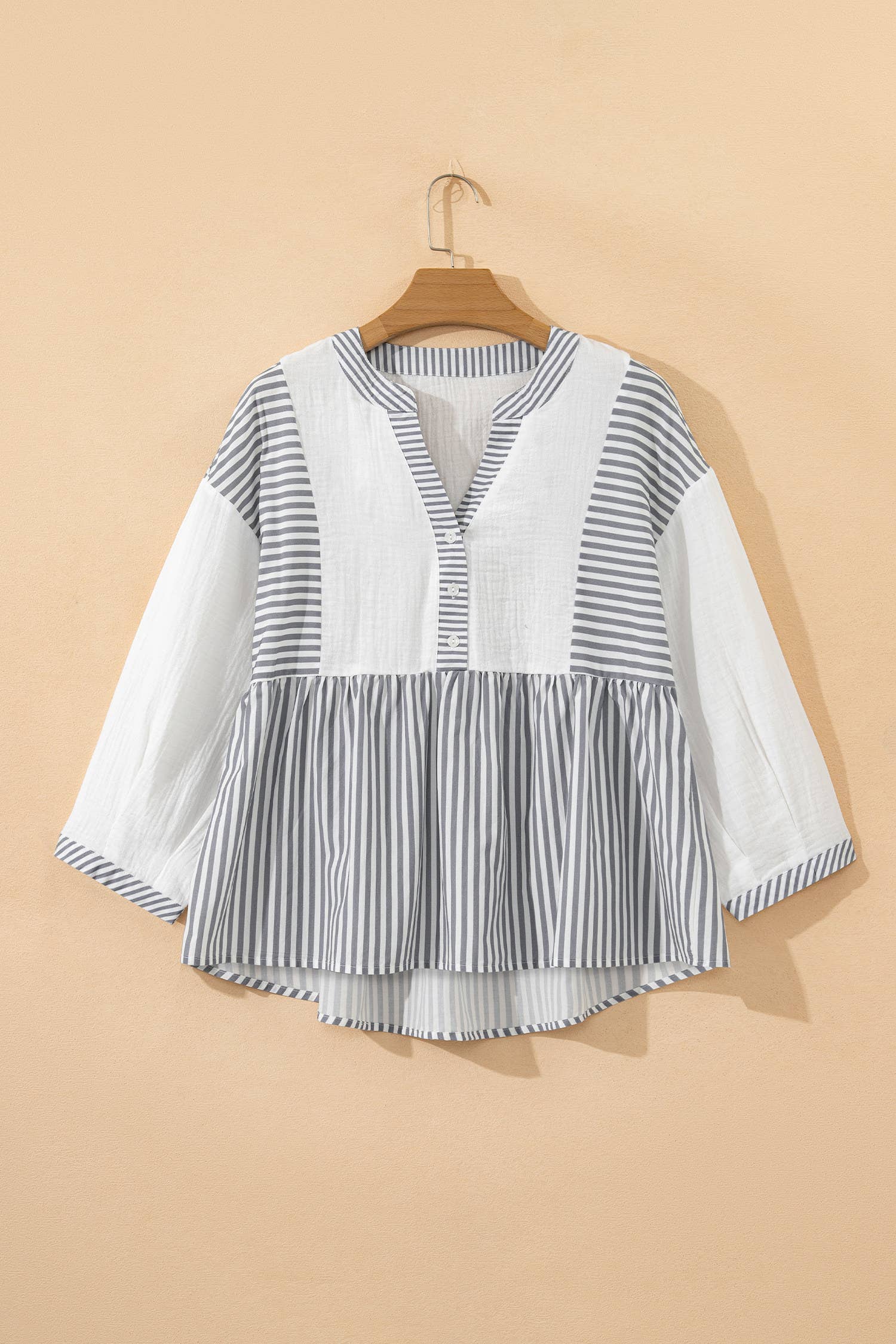Stripe Button Gauze Bracelet Sleeve Babydoll Blouse (S-XL)
