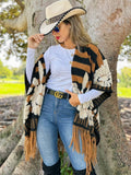 Brown Western Boho 3D Floral Stripe Fringe Ruana Cardigan