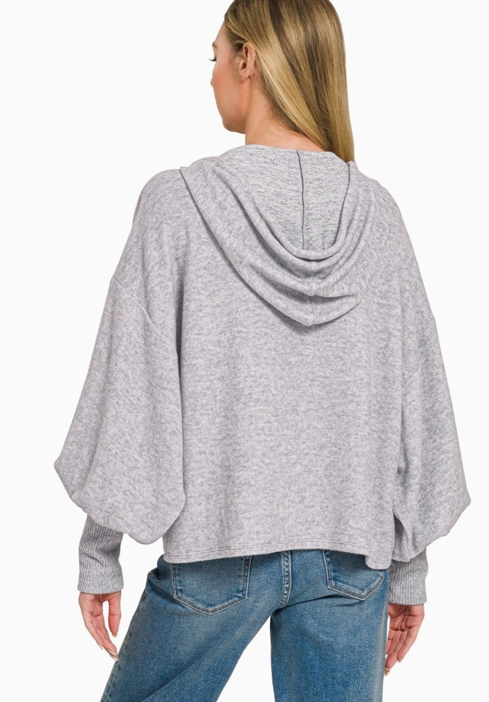 Soft Brushed Hacci Cropped Balloon Sleeve Hoodie Zenana
