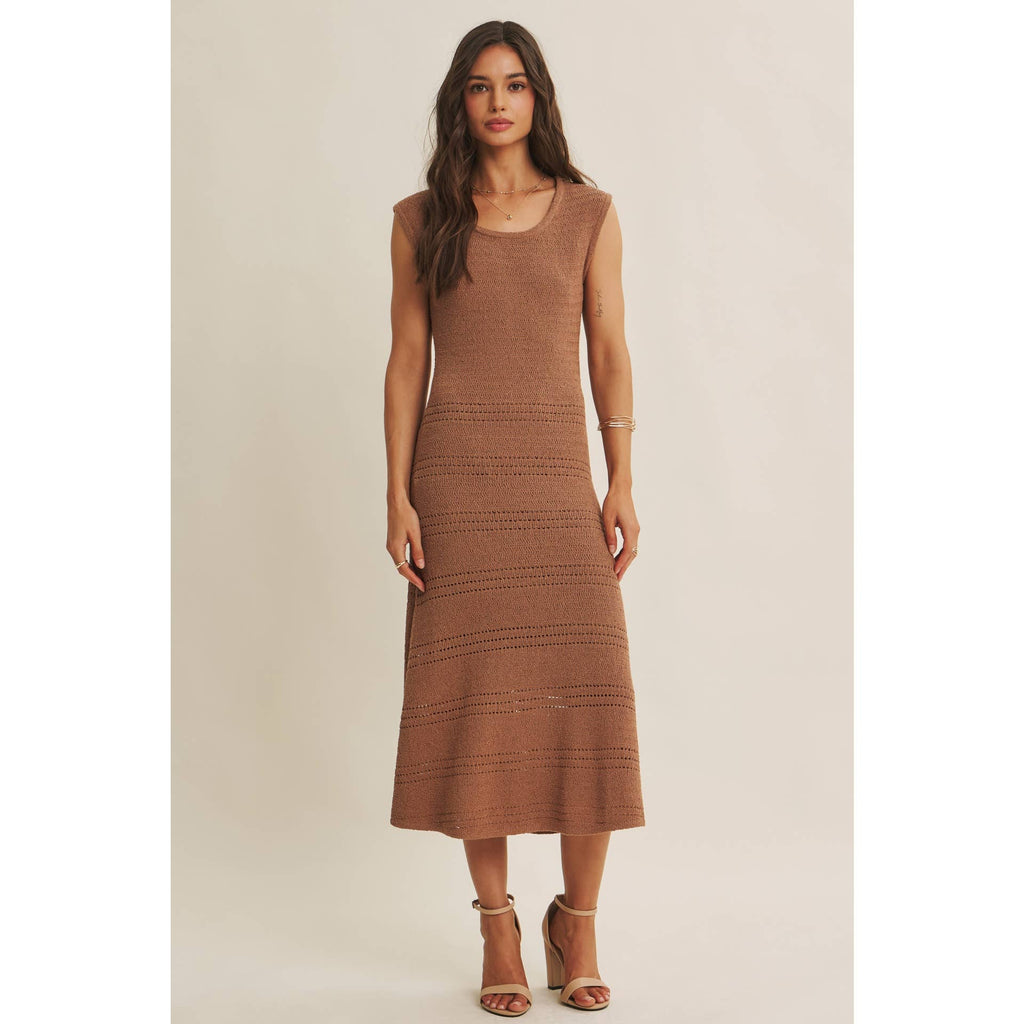 MINIMAL MUSE DROP SHOULDER FITTED TEXTURED KNIT MIDI DRESS