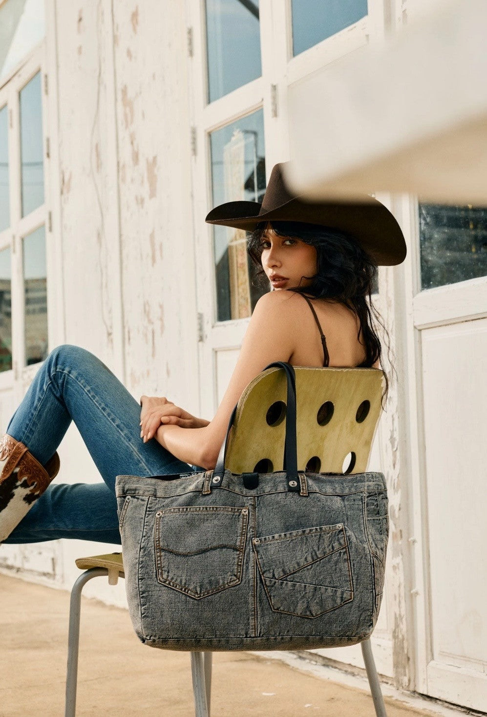 Billyjean Western Denim Tote Bag For Women in Denim Black with Leather Detail