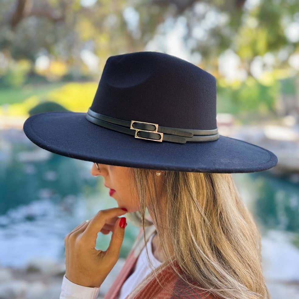 Sleek Black Fedora with Faux Leather Double Buckle Trim