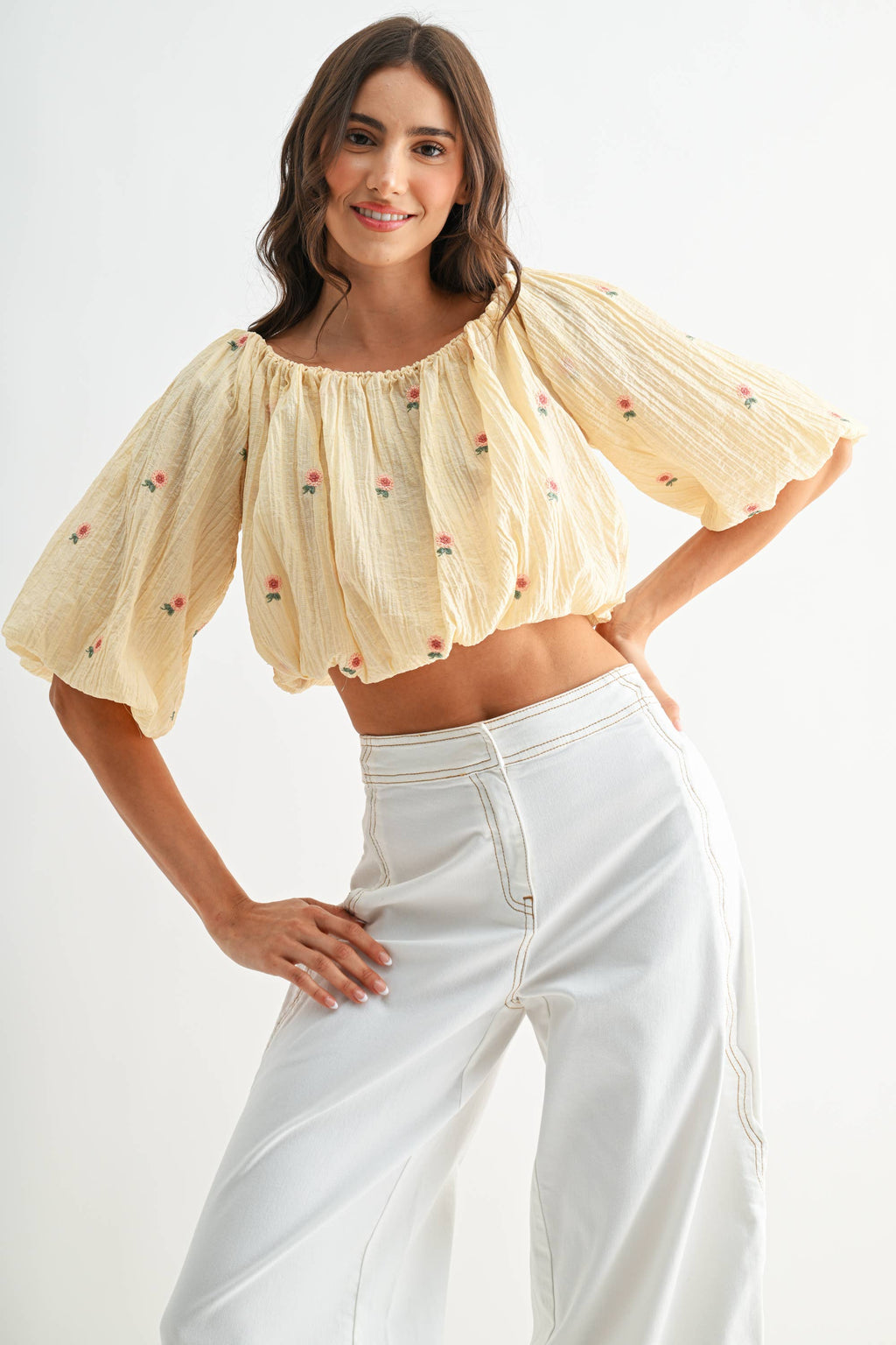Off-Shoulder Floral Embroidered Blouse