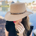 Tan Summer Straw Chic Boater Hat with Leopard Beaded Band