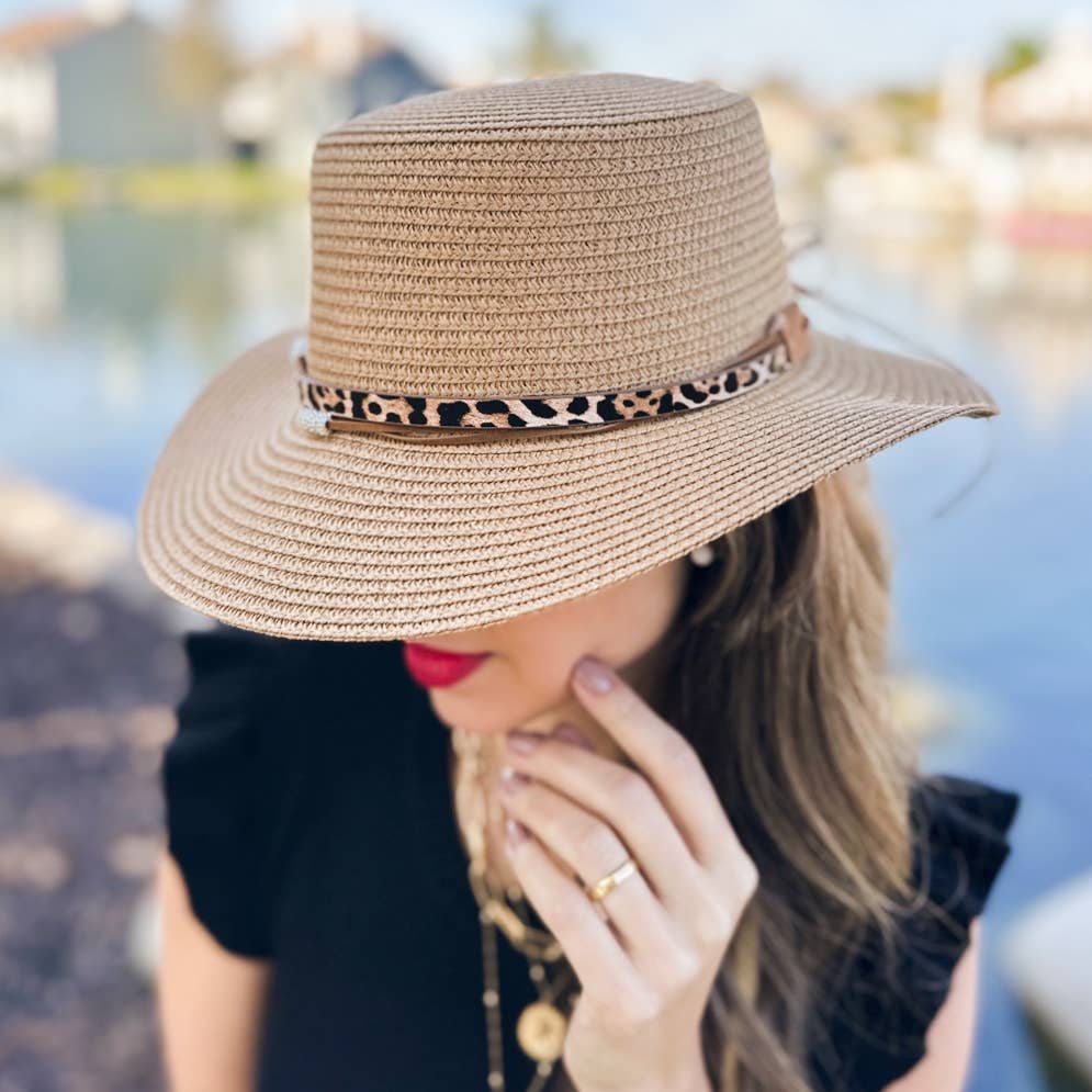 Tan Summer Straw Chic Boater Hat with Leopard Beaded Band