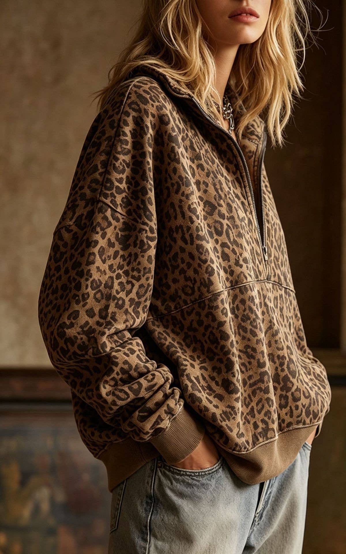 Women's Leopard Print Half Zip Pullover Sweatshirt