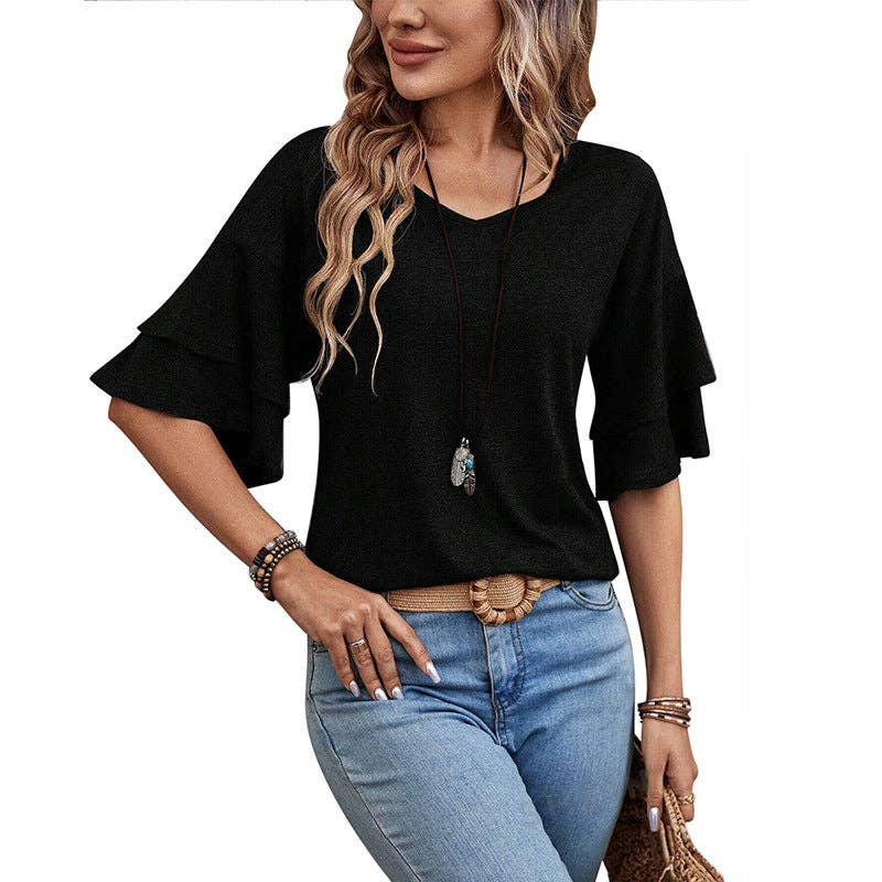 Ruffle Sleeve V Neck Loose Fit Women Summer Top