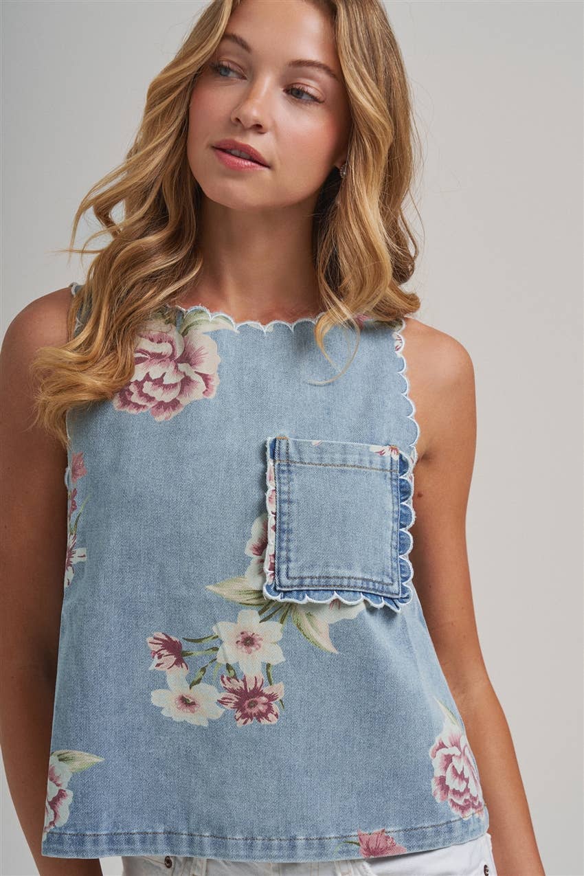 VINTAGE FLORAL DENIM TOP WITH SCALLOPED EDGE DETAIL