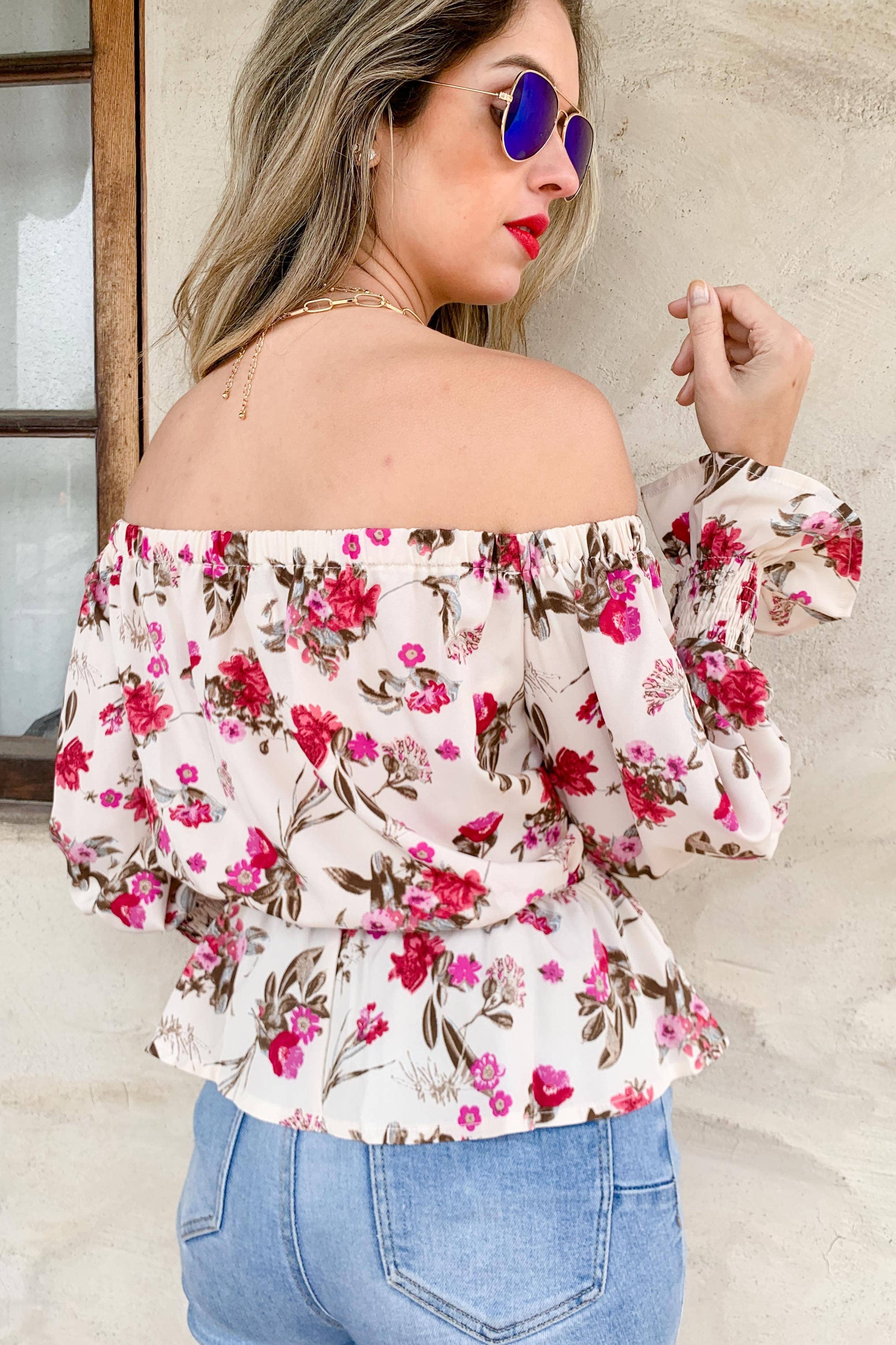 Floral Printed Smocking Detail Bell Sleeve Off Shoulder Top