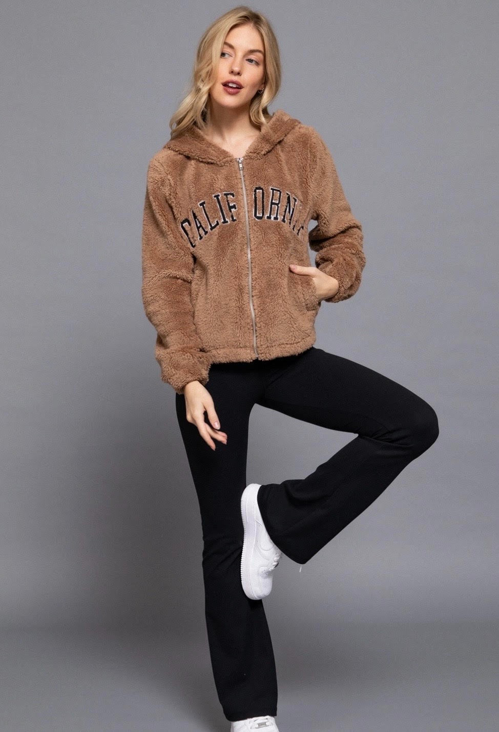 Long Sleeve California Embroidery Faux Fur Hoodie
