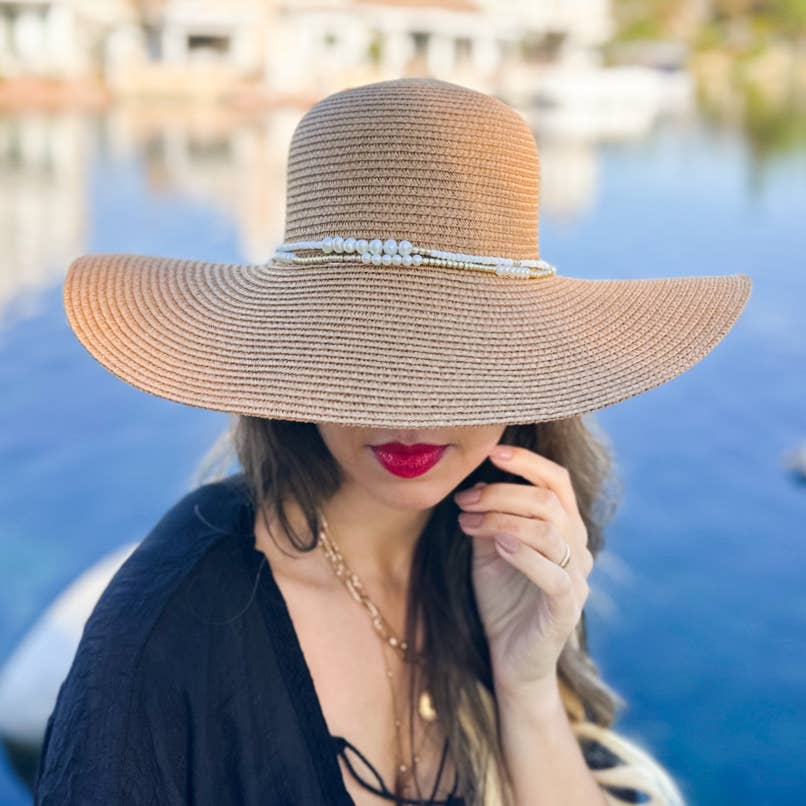 Tan Summer Straw Floppy Beach Hat with Pearl Trim