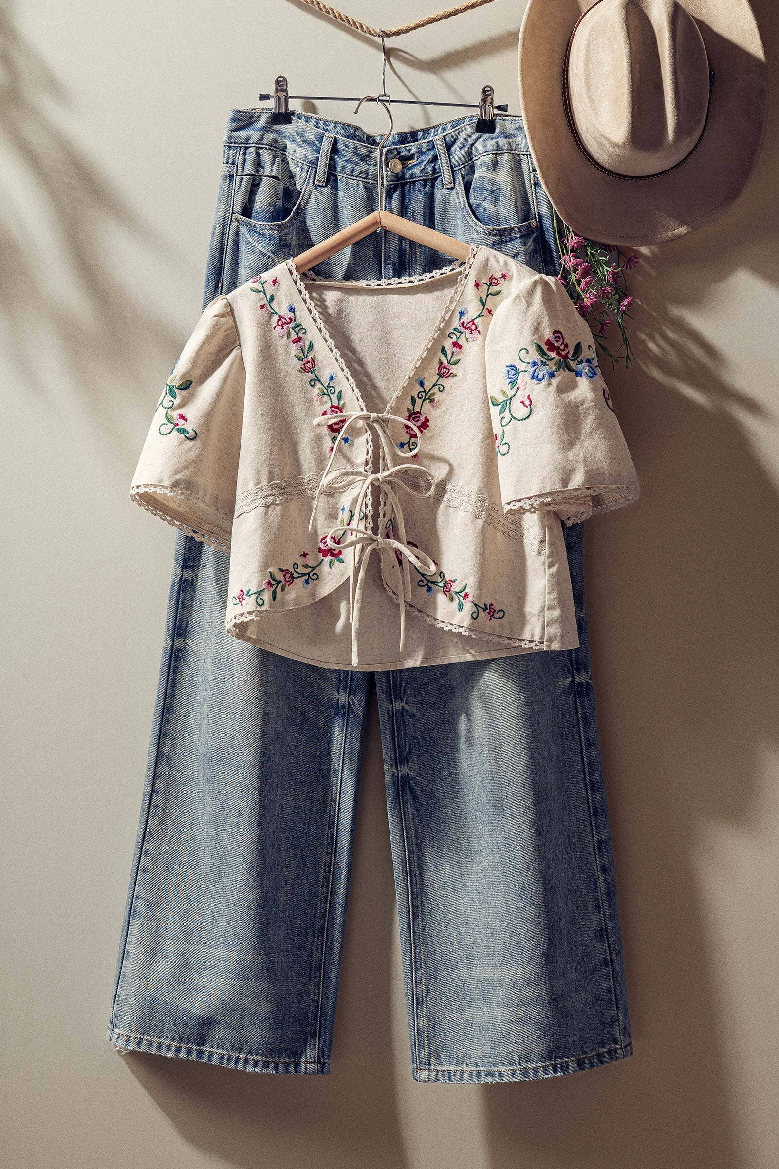 Embroidered Tie-Front Boho Crop Top