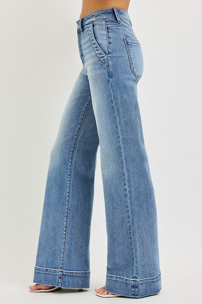 TUMMY CONTROL HI RISE WIDE LEG FLARE JEANS WITH WIDE HEM
