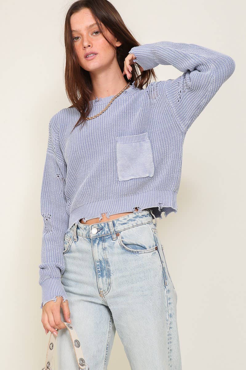 Cropped Mineral Wash Distressed Sweater