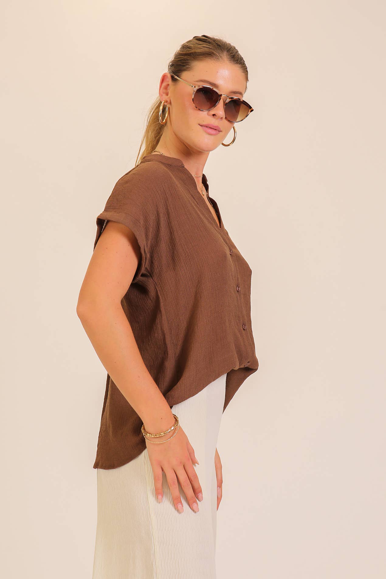 Textured Gauze Button-Front Blouse