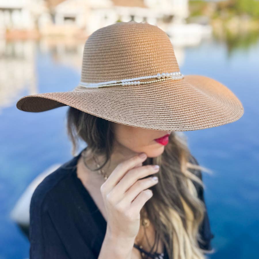 Tan Summer Straw Floppy Beach Hat with Pearl Trim