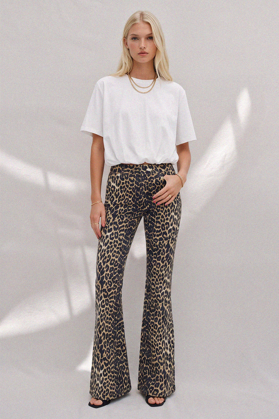 LEOPARD PRINT STRETCH DENIM FLARED JEANS W2021PIB