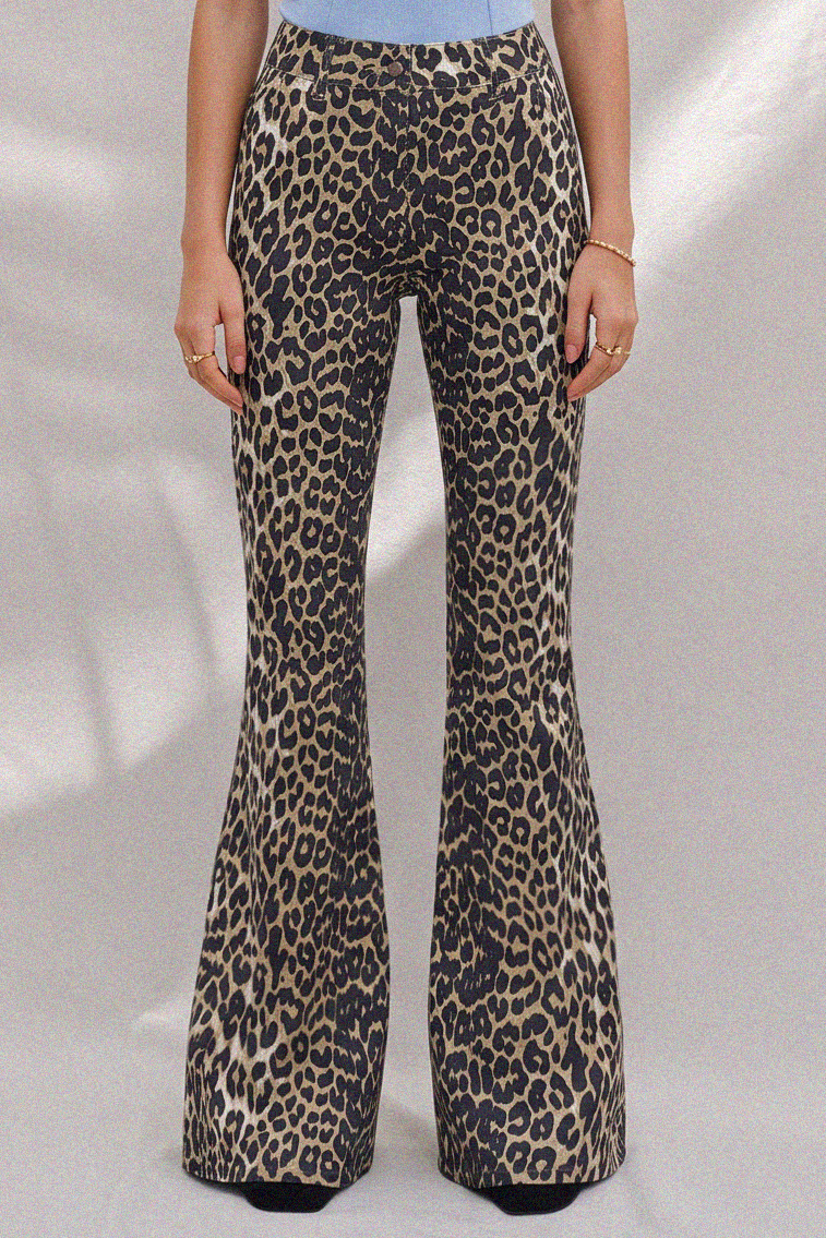 LEOPARD PRINT STRETCH DENIM FLARED JEANS W2021PIB