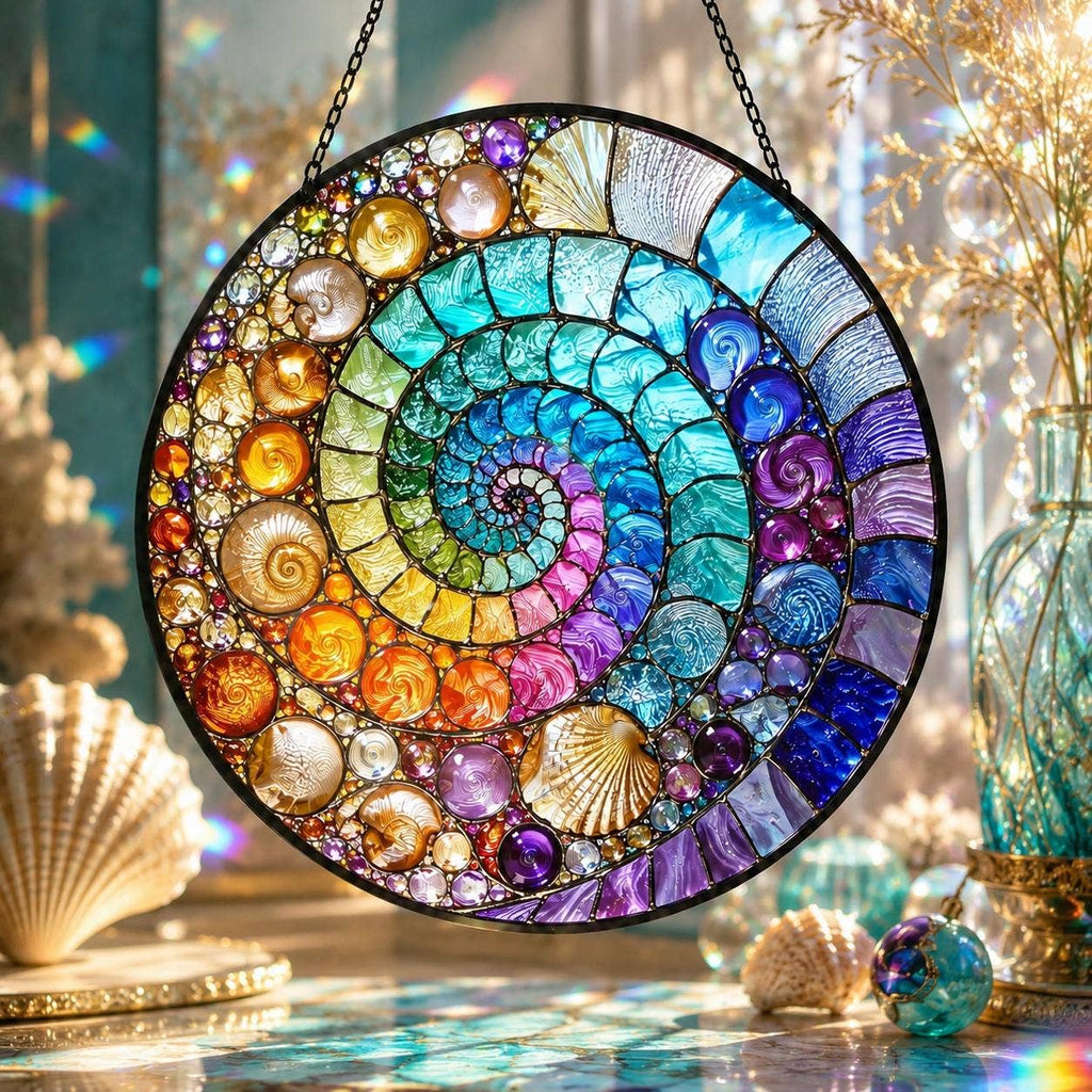Abstract Rainbow Shell Spiral Suncatcher, Coastal Beach Gift