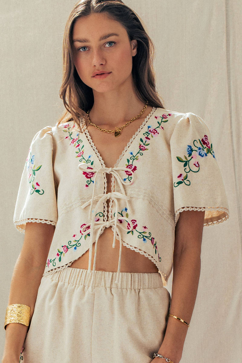 Embroidered Tie-Front Boho Crop Top