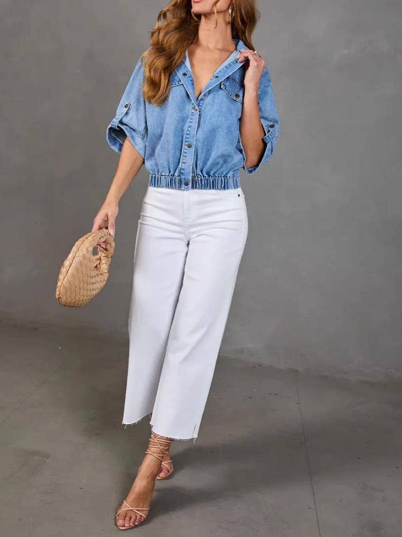 Cropped Denim Shirt with Roll Tab Sleeves