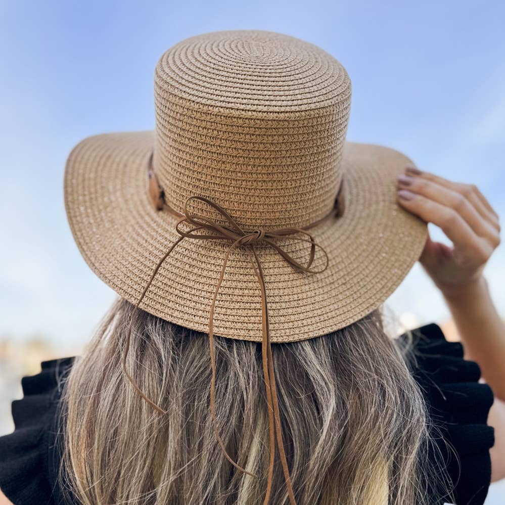 Tan Summer Straw Chic Boater Hat with Leopard Beaded Band